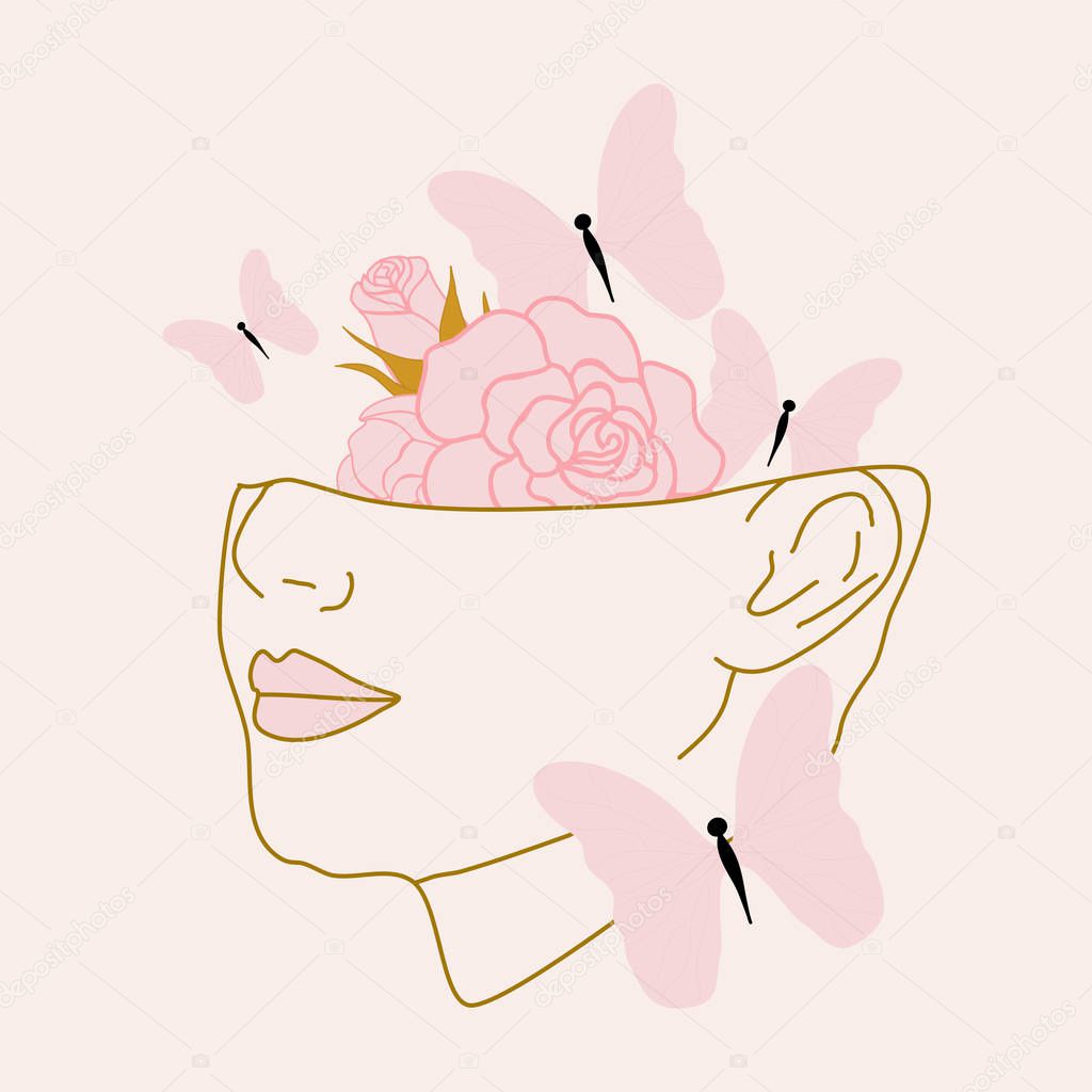 vector illustration with woman face and pink butterflies