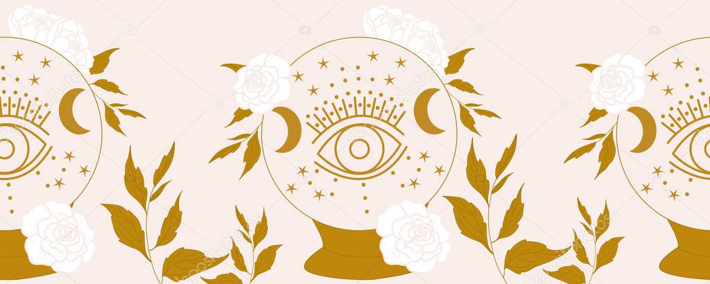 horizontal border with crystal globe, eye and white flowers