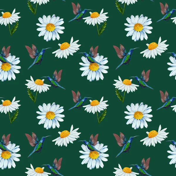 White Daisy Birds Seamless Pattern Design — 스톡 사진