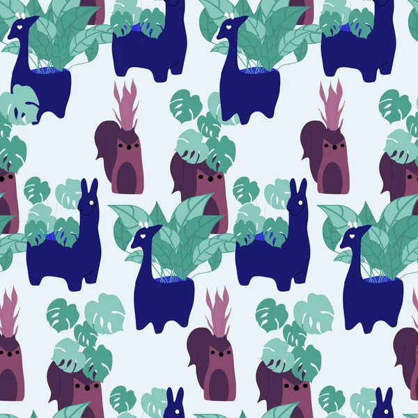 Green Indoor Plants Cute Animal Pots Seamless Pattern — ストックベクタ