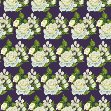  white rose composition in a seamless pattern