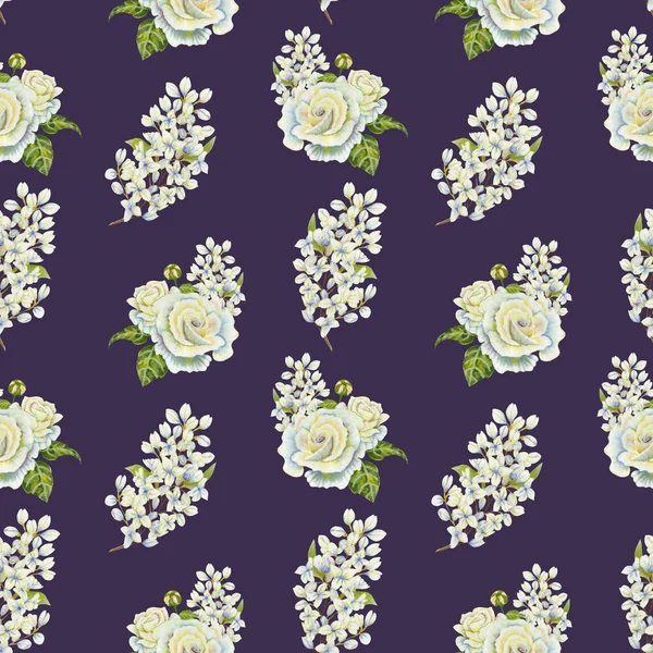 White Rose Lilac Seamless Pattern Design — Stockfoto