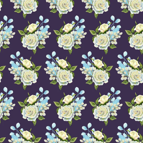 White Rose Blue Leaves Seamless Pattern — 스톡 사진