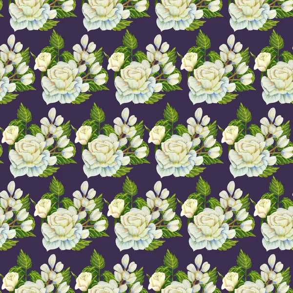 White Rose Composition Seamless Pattern — 图库照片