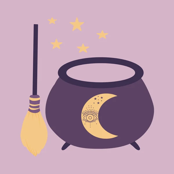 Witch Broom Cauldrom Vector Illustration — 스톡 벡터