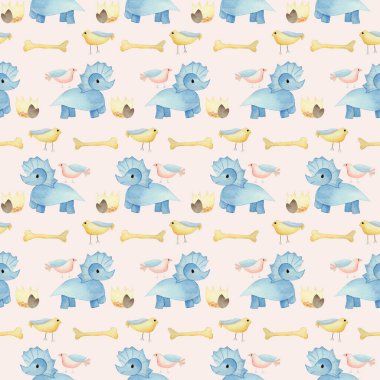 Mavi dino ve kuşlar kusursuz desende