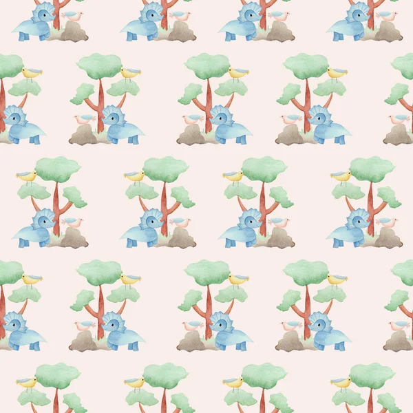 Dino Azul Árvore Padrão Sem Costura — Fotografia de Stock