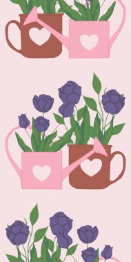 sevimli laleleri olan dikey vektör kenarı pembe ve kahverengi tencereler.