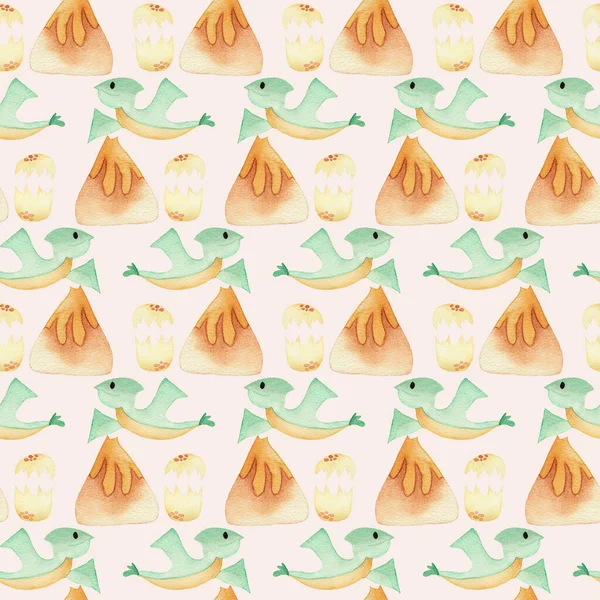 green dino and vulcano in a seamless pattern