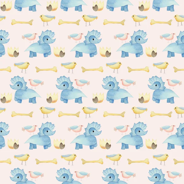 blue dino and birds in a seamless pattern