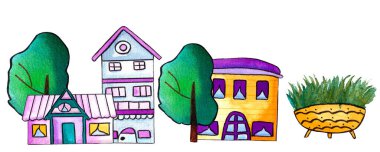 3 suluboya ağaç ve ev çizimi