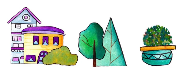 Set Von Flugzeugen Bunte Häuser Und Bäume Illustrationen — Stockfoto