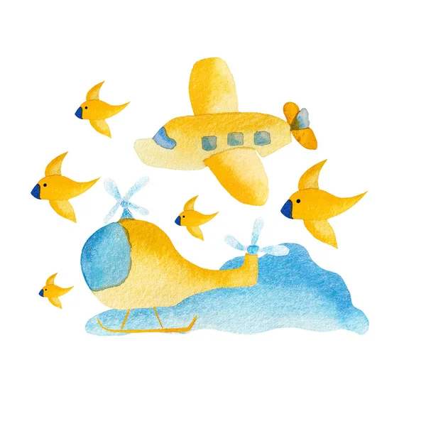 yellow watercolor airplanes and birds, children illustration