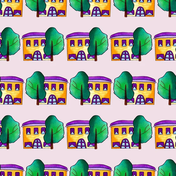 purple and yellow house and tree, seamless pattern