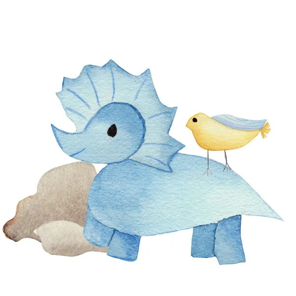 Ilustración Dino Azul Con Pájaro Amarillo Clipart Acuarela — Foto de Stock