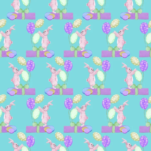Милий Рожевий Великодній Кролик Повітряними Кулями Подарунком Безшовний Візерунок — стокове фото