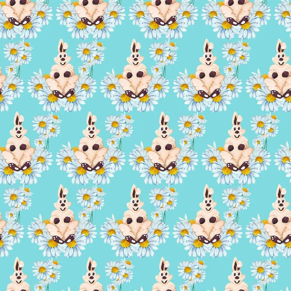 easter bunny and daisies, seamless pattern