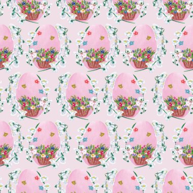 Paskalya yumurtası, sepet ve çiçekler, desen