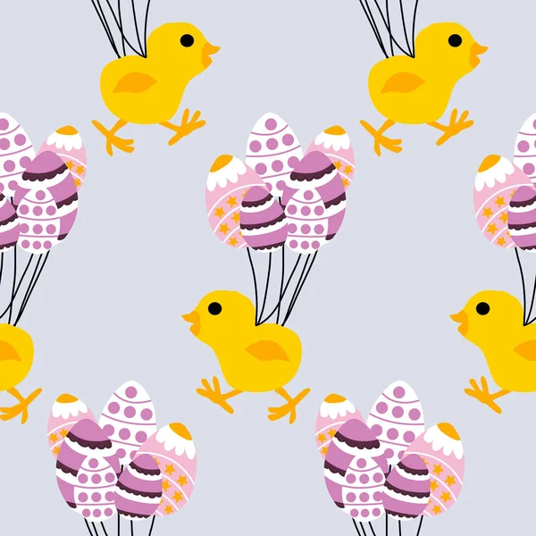 Påskägg Ballonger Och Kyckling Sömlös Mönster Design — Stock vektor