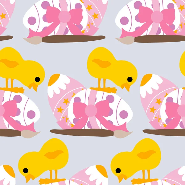 Ροζ Διακοσμημένο Πασχαλινό Αυγό Και Chicke Χωρίς Ραφή Μοτίβο — Διανυσματικό Αρχείο