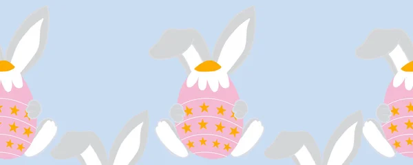 Pembe Paskalya Yumurtası Tavşanlarla Yatay Sınır — Stok Vektör