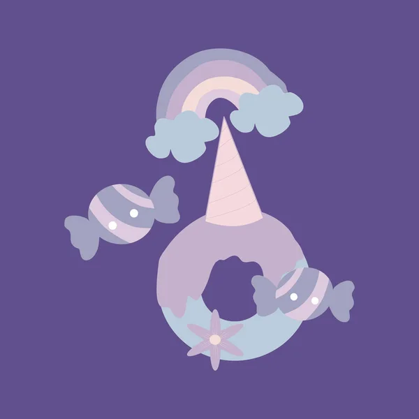 Vector Illustratie Met Eenhoorn Donut Snoepjes — Stockvector