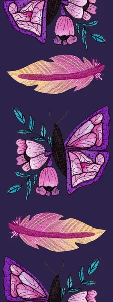 Pionowa Granica Akwarelowymi Motylami Kwiatami Piórami — Zdjęcie stockowe
