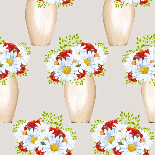 花瓶のエレガントな水彩デイジーの花束 シームレスなパターン — ストック写真