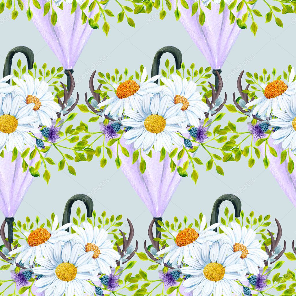 seamless pattern design with watercolor white daisy