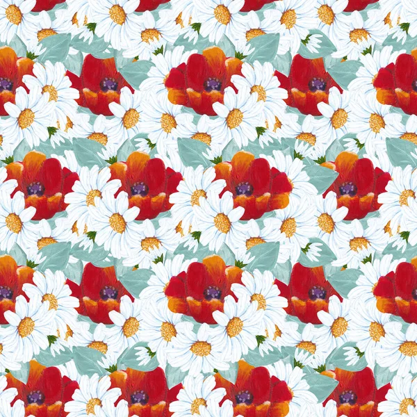 seamless pattern design with poppy and daisy