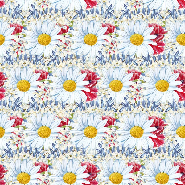 Handbemalte Gänseblümchen Und Mohnblumen Nahtlosen Muster Design — Stockfoto