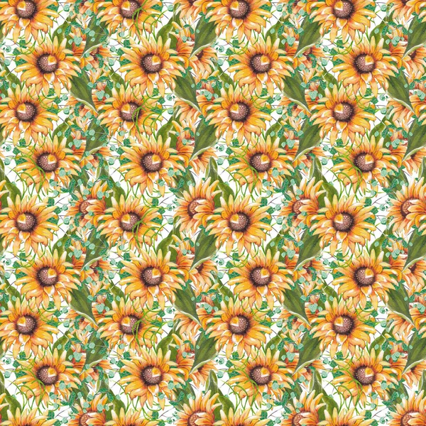 Desain Pola Mulus Dengan Gambar Tangan Bunga Matahari — Stok Foto