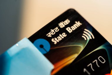 SBI Cards IPO concept. Macro closeup shot of debit or credit card for background. Concept for State Bank of India, indian economy, business & finance.
