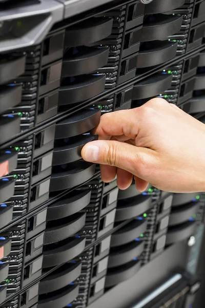 IT Engineers Hand Installing Hard Drive At Data Center — Stock Photo, Image