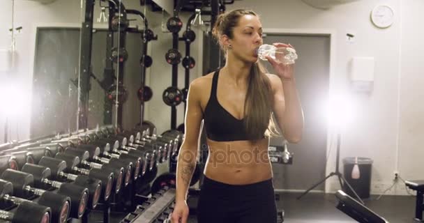 Mooie vrouw met fit lichaam wandelen in fitness gym — Stockvideo