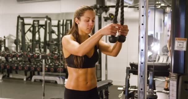 Mulher bem treinada exercitar músculos tríceps puxando máquina de cabo no ginásio — Vídeo de Stock