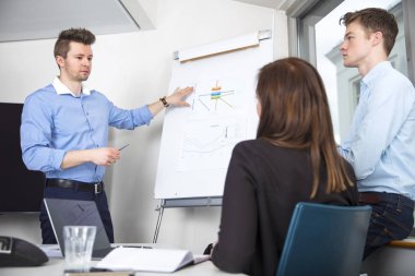 Kadın ve erkek meslektaşları için grafiği açıklayan işadamı