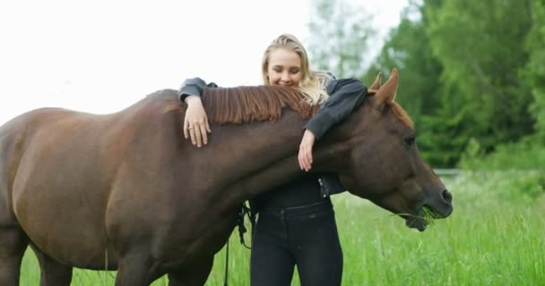 Улыбающаяся женщина ласкает свою арабскую лошадь в поле — стоковое видео