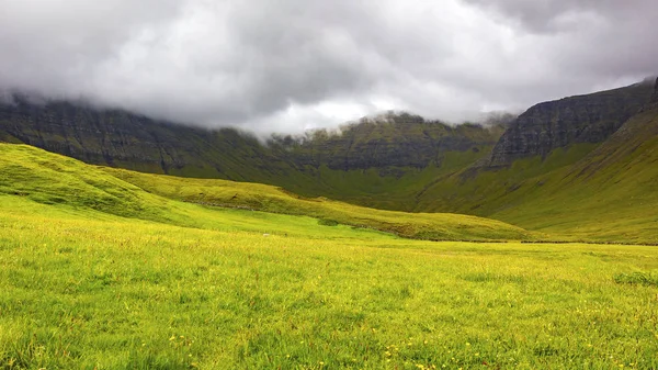 Зелена трава і гори в хмарний день на Фарерських островах — стокове фото