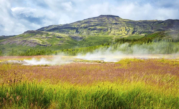 Барвисті вулканічних гейзер краєвид на геотермальних районі Haukadalur в Ісландії — стокове фото
