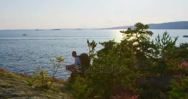 Homem ativo com mochila andando na floresta junto ao mar ao pôr do sol — Vídeo de Stock