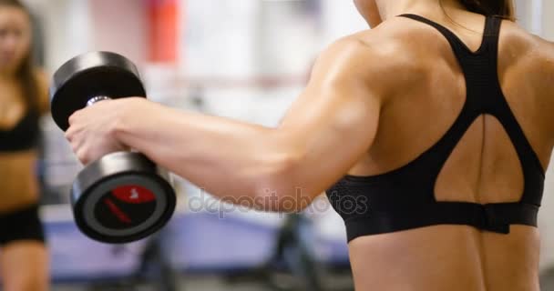 Mujer sana y bien entrenada levanta pesas en gimnasio de fitness — Vídeos de Stock