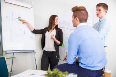 Grafik erkek profesyonellere açıklayan iş kadını