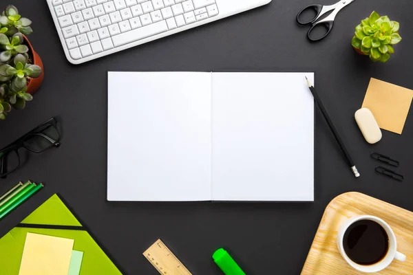 Documentos em branco cercados por suprimentos de escritório na mesa cinza — Fotografia de Stock