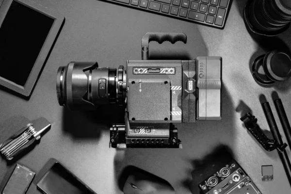 Black and White Top View of Creative Filmmakers Office Desk Camera and Supplies — 스톡 사진