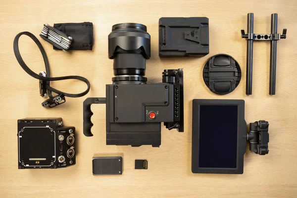 Overhead view of filming equipment arranged on table — Stock Photo, Image