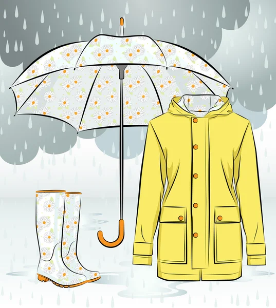 Women rain boots, jacket and umbrella with floral pattern — Stock Vector