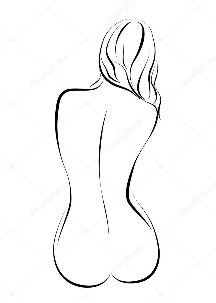 Beatiful naked sitting girl, back view