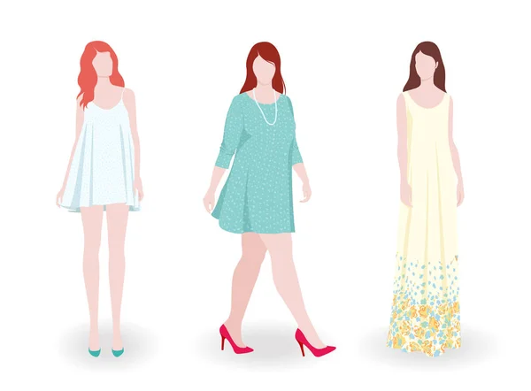 Slim et grosses femmes de mode portant des robes — Image vectorielle