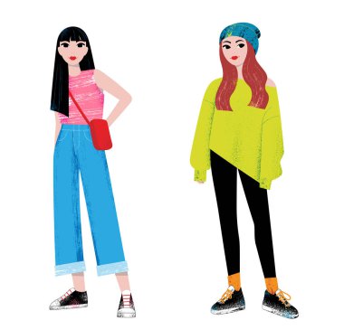 Değişik modern kıyafetler giyen iki güzel genç moda kızı, bulanık desenli renkli vektör çizimleri.